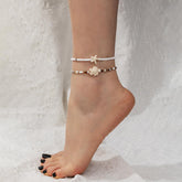 2PCS Star-shaped Turtle Beaded Anklet, Colorful Seed Beads Elastic Foot Chain, Adjustable Stretch Ankle Bracelet, Bohemian Beach Style Jewelry Set (Apricot)
