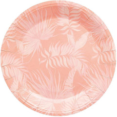 Fun Express 7 1/4" Pink Tropical Leaf Round Disposable Paper Dessert Plates - 8 count