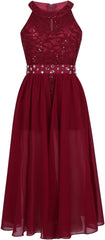 Kids Big Girls Sequins Floral Lace Halter-Neck Junior Bridesmaid Wedding Flower Girls Dress Party Prom Gown