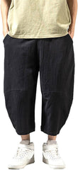 XUETON Mens Harem Pants Casual Relaxed Fit Linen Cotton Elastic Waist Solid Color Loose Capri Beach Pants