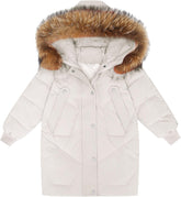 Girls Boys Winter Outerwear Hooded Down Coat Packable Lightweight Warm Puffer Down Jacket with (Beige, 9-10 Years)