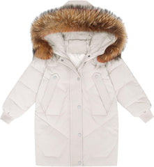Girls Boys Winter Outerwear Hooded Down Coat Packable Lightweight Warm Puffer Down Jacket with (Beige, 11-12 Years)