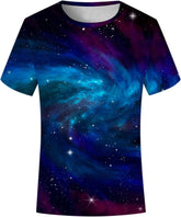 Teen Boys Girls Versatile Tops Casual T-Shirt Galaxy Print Tee Summer Short Sleeve Round Collar Shirt
