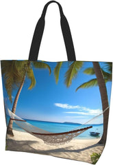 Hammock Hanging from Palm Trees printed Reusable Shoulder bag Shopping Bag Fashion Handbag