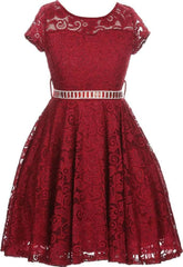 Flower Girl Dress Cap Sleeve Jewel Belt Floral Lace All Over