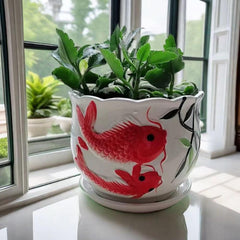 Ceramic Garden Pot Planter with Drainage Hole,Home/Garden Modern Flower Planter Pot with Saucer/Tray - Outside Red Fish Design,Red Goldfish Pattern