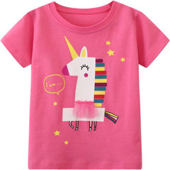 Little Girls' Short Sleeve Shirt Tee Cotton Casual Graphic Easter Pink Unicorn Yellow Bunny Summer Crewneck Tunic T-Shirts Tops Tee 3 Packs Sets Size 6