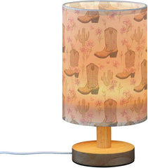 Boho Cowboy Boots Cactus Bedside Table Lamp Small Desk Lamps Linen Fabric Shade Decorative Nightstand Lamp LED with USB Port Wood Base for Bedroom Living Room