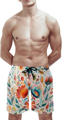 Men's Swim Trunks Flowers Beach Shorts Quick Dry Summer Bathing Suit Swimwear Beachwear with Pockets