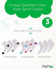 MeMoi Unisex Quarter-Crew Kids Sport Socks 3-Pack