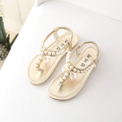 White Sandals for Girls Summer Princess Baby Thong Shoes Sandals Bowknot Toddler Kids Infant Pearl Girls Baby Shoes (Gold, 11 Years)