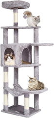 60.6in Cat Tree, 6-Level Cat Tower with Sisal Scratching Post, Soft Top Platfomm, Basket, Hidden Cat Condo, 2 Balls, Space Saving Cat Condo, Indoor Pet Play House, Light Grey