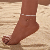 2PCS Gold Heart Rice Bead Anklet, Dainty Elastic Foot Chain, Adjustable Stretch Ankle Bracelet, Minimalist Delicate Jewelry Set (Golden)