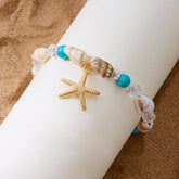 1PC Starfish Conch Shell Beaded Bracelet, Adjustable Ocean Charm Hand Chain, Bohemian Beach Seed Bead Jewelry, Natural Ocean Theme Wrist Accessory, Stylish Coastal Inspired Bracelet (Blue&Gold)
