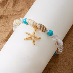 1PC Starfish Conch Shell Beaded Bracelet, Adjustable Ocean Charm Hand Chain, Bohemian Beach Seed Bead Jewelry, Natural Ocean Theme Wrist Accessory, Stylish Coastal Inspired Bracelet (Blue&Gold)