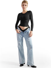 SUUKSESS Women Double Lined Fitted Basic T Shirts Crew Neck Long Sleeve Crop Top