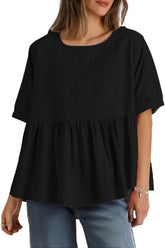 Womens Plus Size Babydoll Tops Summer Trendy Pleated Patchwork Short Sleeve Shirt Casual Pleasant Tunic Dressy Blouse