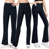 Gnainach Girls Bootcut Leggings, Crossover Leggings, Figure Skating Pants Size 12-13 Years Old Solid Black Soft Slim High Waisted Trousers