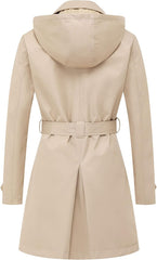 CREATMO US Women's Trench Coat Double-Breasted Classic Lapel Overcoat Belted Slim Outerwear Coat with Detachable Hood