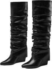 Fold Over Boots for Women Slouched Wedge Heels Knee High Pointed Toe