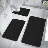 Black Bath Mat Set - 3 Piece Nonslip U Shaped Bathroom Rugs, Thick, Machine Washable