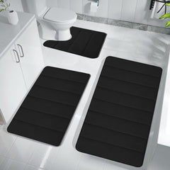 Black Bath Mat Set - 3 Piece Nonslip U Shaped Bathroom Rugs, Thick, Machine Washable
