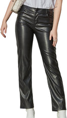 Balleay Art Faux Leather Pants for Women, Straight Leg Mid Waist Butt Lift Elastic Black Pants with 5 Pockets
