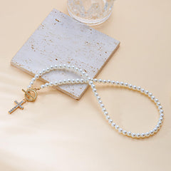 1PCS Pearl Cross Necklace, Exquisite Diamond-Encrusted Cross Design, Genuine Pearl Beads, Necklace for Women, Hypoallergenic Material, Adjustable Length, Elegant for Daily Wear and Special Occasions (White)