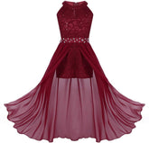 Kids Big Girls Sequins Floral Lace Halter-Neck Junior Bridesmaid Wedding Flower Girls Dress Party Prom Gown