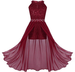 Kids Big Girls Sequins Floral Lace Halter-Neck Junior Bridesmaid Wedding Flower Girls Dress Party Prom Gown