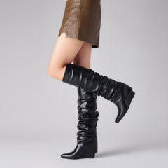 Fold Over Boots for Women Slouched Wedge Heels Knee High Pointed Toe