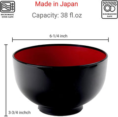 Japanese Soup Ramen Donburi Bowl, 38 fl.oz, Plastic Bowl for Ramen, Udon, Pho, Rice, and Cereal, Microwave & Dishwasher Safe, Black and Red Color, Made in Japan