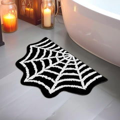 Halloween Spider Web Bath Mat, Gothic Halloween Rug, Spiderweb Area Carpet, Black Washable Spider Net Anti-Slip Bath Mat for Bathroom, Front Door, Bedroom, Kitchen