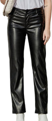 Balleay Art Faux Leather Pants for Women, Straight Leg Mid Waist Butt Lift Elastic Black Pants with 5 Pockets
