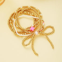 Women's Golden Beaded Bracelet Set, Thick Elastic Exquisite Round Bead Pearl Cross Bow Stacked Bracelet Adjustable Jewelry Set