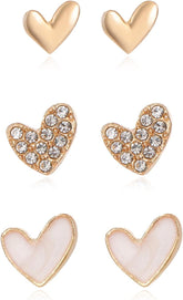 3 Pairs Heart Stud Earrings for Women, Rose Gold Plated Cubic Zirconia Heart Earrings, Elegance and Stylish Ear Studs, Ideal for Daily Wear and All Occasions, Fashion Jewelry (Gold)