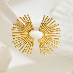 1 Pair Gold Fan Statement Earrings, Oversized Geometric Dangle Earring with Textured Surface, Bold Tribal Inspired Jewelry for Women, Modern Metallic Drop Earrings (Golden)