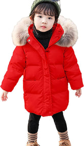 Toddler Girls Winter Outerwear Hooded Down Long Style Warm Coat 𝗪aterproof Hooded Puffer Jacket with (Red, 5-6 Years)