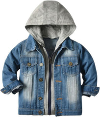 LittleSpring Little Boys Denim Hooded Jacket Long Sleeve Button Down Jeans Coat One Piece