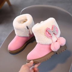 Fashion Autumn And Winter Girls Snow Boots Thick Bottom Non Slip Warm Solid Color Rhinestone Bow Zipper Bog Snow Boot