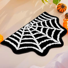Halloween Spider Web Bath Mat, Gothic Halloween Rug, Spiderweb Area Carpet, Black Washable Spider Net Anti-Slip Bath Mat for Bathroom, Front Door, Bedroom, Kitchen