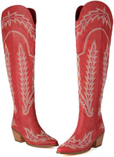 Over the Knee Cowgirl Boots for Women Pointed Toe Embroidered Western Boots with Side Zipper Chunky Long Cowboy Plus Size Rave Fashion Cute Kawaii Goth Emo Grunge Comfy Casual Non Slip Walking Shoes