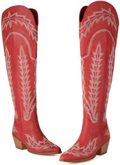 Over the Knee Cowgirl Boots for Women Pointed Toe Embroidered Western Boots with Side Zipper Chunky Long Cowboy Plus Size Rave Fashion Cute Kawaii Goth Emo Grunge Comfy Casual Non Slip Walking Shoes