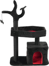 Gothic Cat Tree, Halloween Black Goth Cat Tower with Bat Toy & Playful Hole, Indoor Spooky Cat Trees Stand Climber Pole with Hanging Spiders Bats for Kitten, Black Red, Small