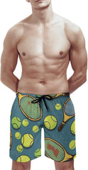 Men's Swim Trunks Funny Tennis Racquets and Tennis Balls Beach Shorts Quick Dry Summer Bathing Suit Swimwear