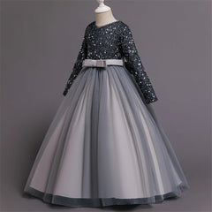 Girls Vintage Flower Lace 3/4 Sleeves Formal Wedding Party Dance Long Sleeves Party Dresses (Grey, 9-10 Years)