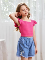 OYOANGLE Girl's Casual Solid Ruffle Trim Cap Sleeve Square Neck Cute Crop Tank Tops T-Shirts