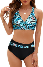SEAFORM Womens Two Piece Swimsuits Wrap Front Bikini High Waisted Bottom Tummy Control Bathing Suits Vintage Print Swimwear