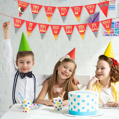 2pcs Race Car Happy Birthday Banner, Pre-Strung Racing Themed Party Garland Decorations, Checkered Triangle Flag Pennant Sign for Boys Kids Birthday Party Supplies