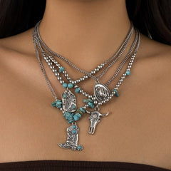 Cow Jewelry Necklace Western Turquoise Piece with Boots and Hat Charms